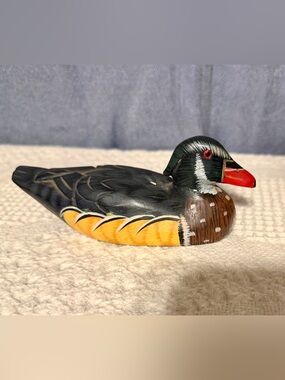Hand-Painted Decorative Duck Figurine in Black, Yellow, Brown